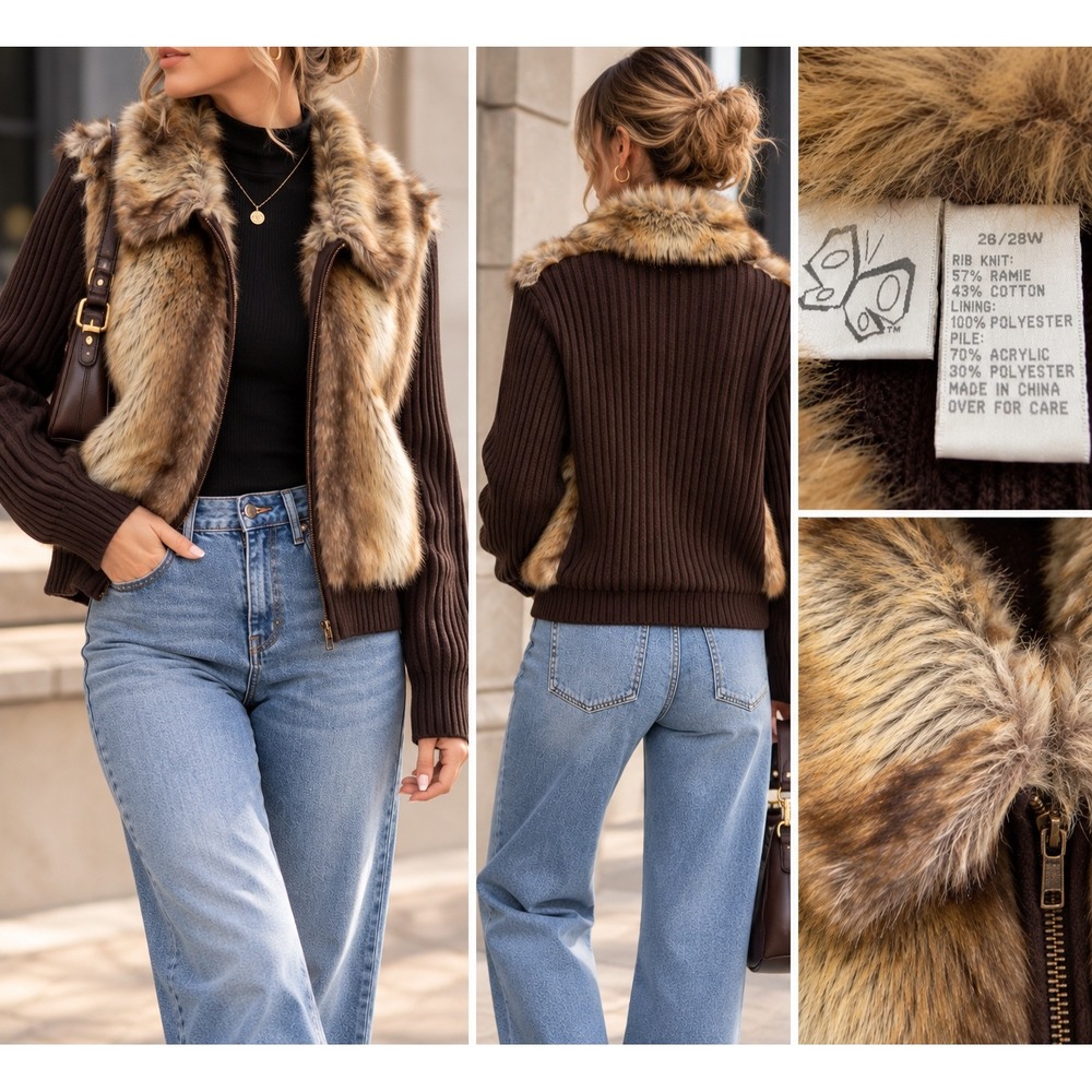 Vintage Faux Fur Ribbed Knit Zip Front Jacket Brown Plus Size 26/28W